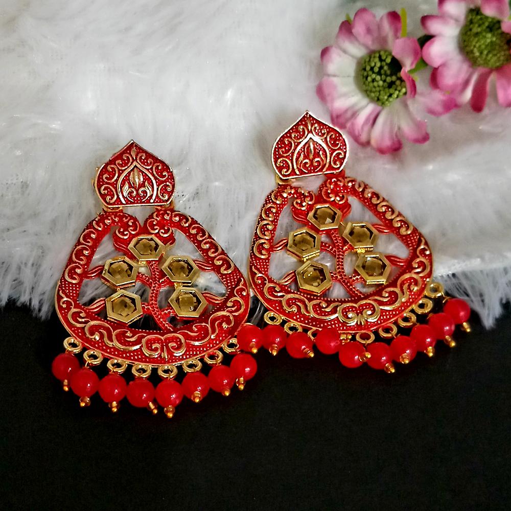 JewelMaze Red Matte Meenakari Dangler Beads Drop Earrings -1318002G