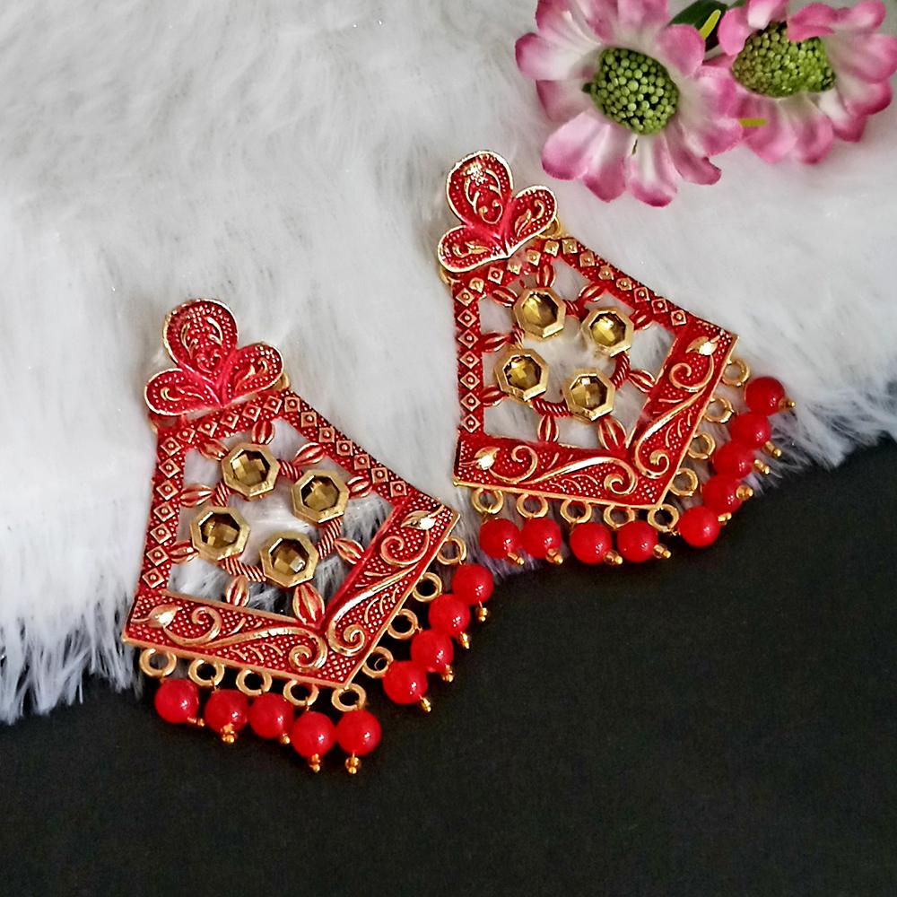 JewelMaze Red Matte Meenakari Dangler Beads Drop Earrings -1318006F