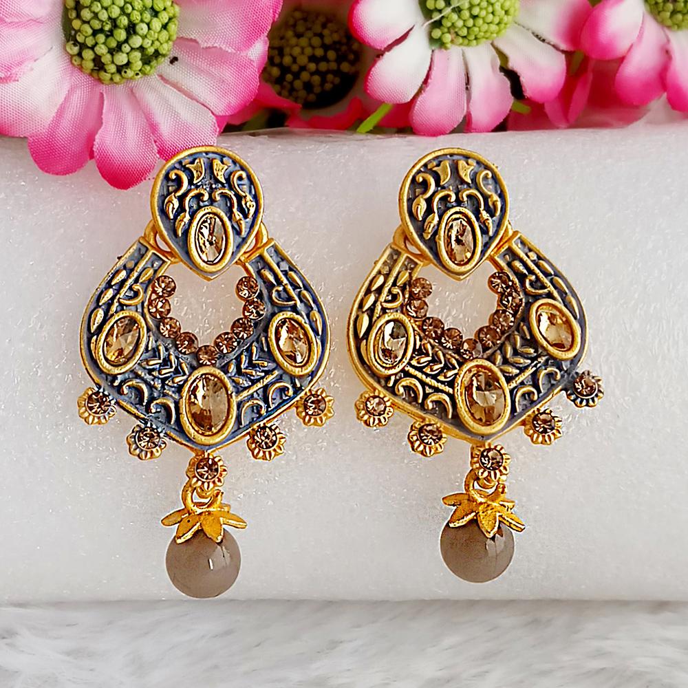 JewelMaze Grey Matte Meenakari Dangler Earrings -1318055C