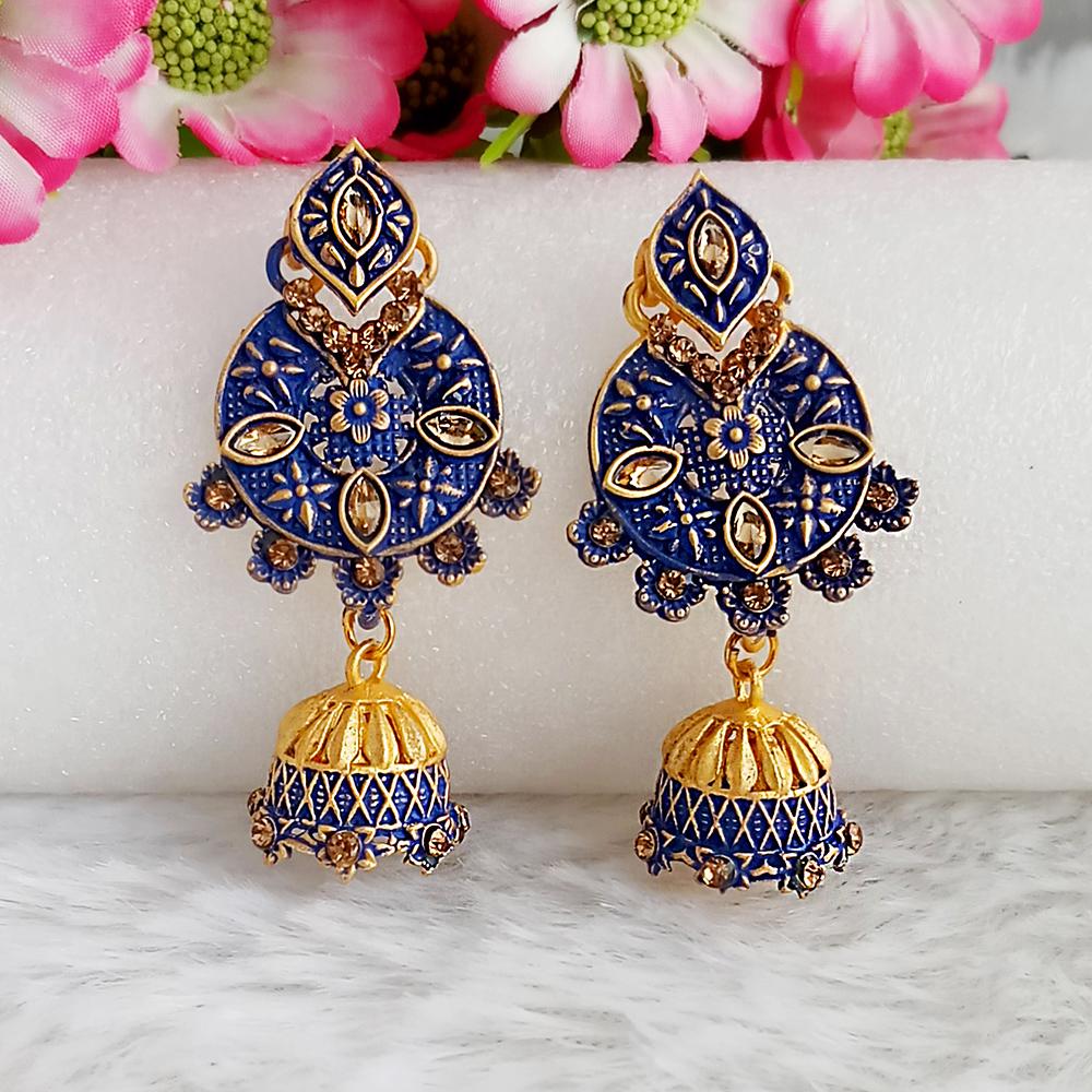 JewelMaze Blue Matte Meenakari Jhumki Earrings -1318059E