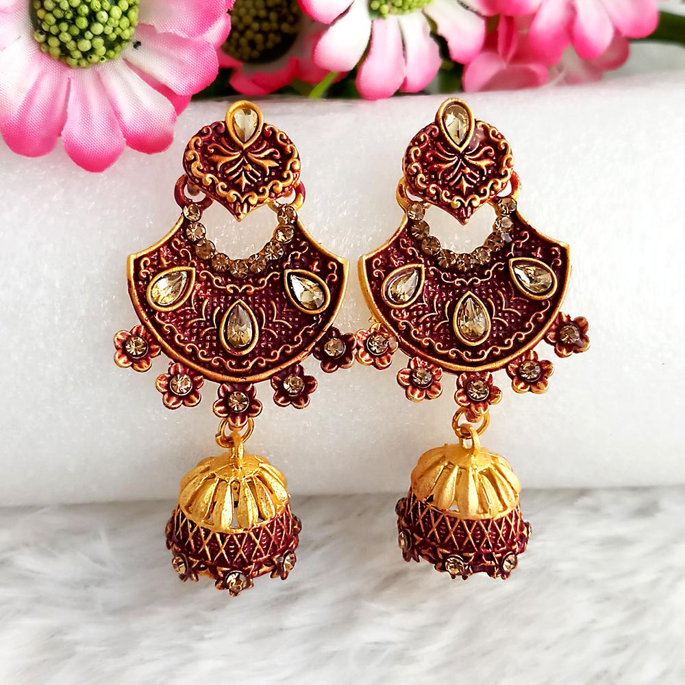 JewelMaze Maroon Matte Meenakari Jhumki Earrings -1318061D