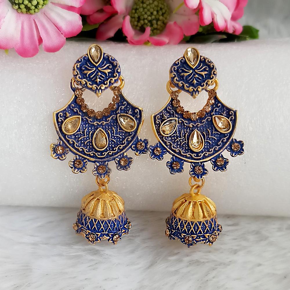 JewelMaze Blue Matte Meenakari Jhumki Earrings -1318061E