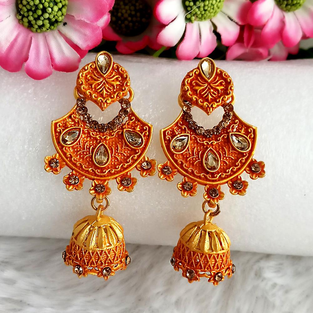 JewelMaze Orange Matte Meenakari Jhumki Earrings -1318061F