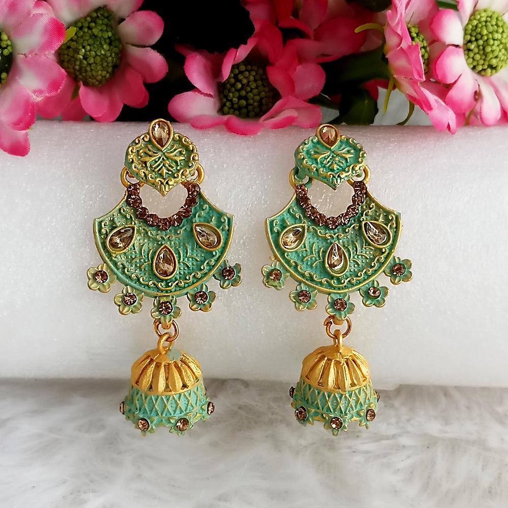 JewelMaze Green Matte Meenakari Jhumki Earrings-1318061b