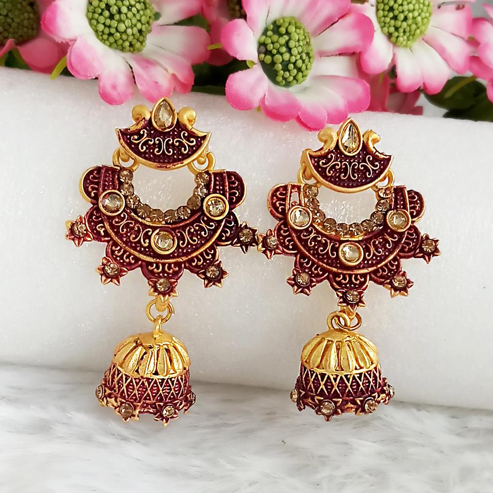 JewelMaze Maroon Matte Meenakari Jhumki Earrings -1318062D