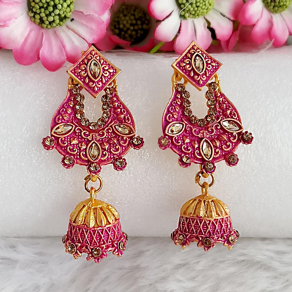 JewelMaze Pink Matte Meenakari Jhumki Earrings -1318063A