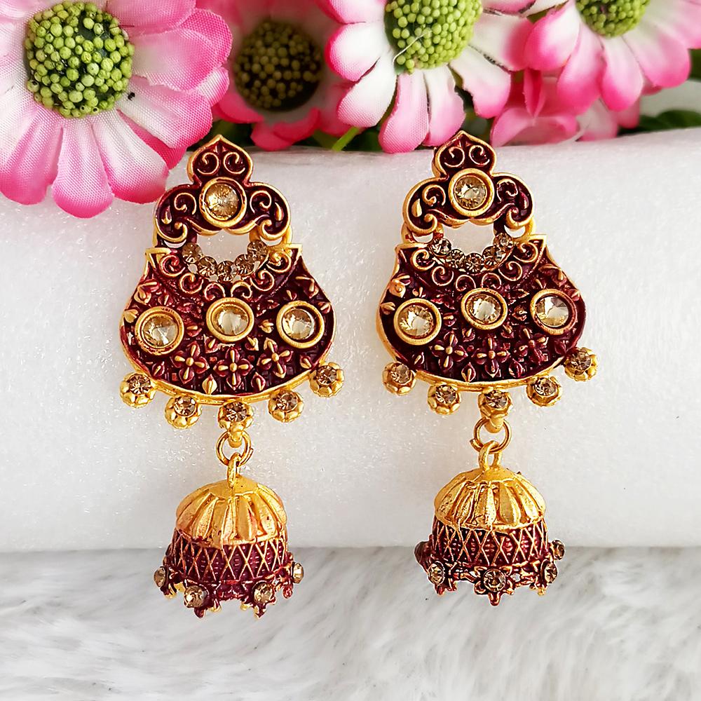 JewelMaze Maroon Matte Meenakari Jhumki Earrings -1318064D