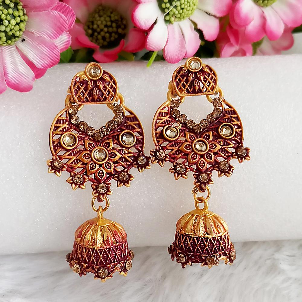 JewelMaze Maroon Matte Meenakari Jhumki Earrings -1318065D
