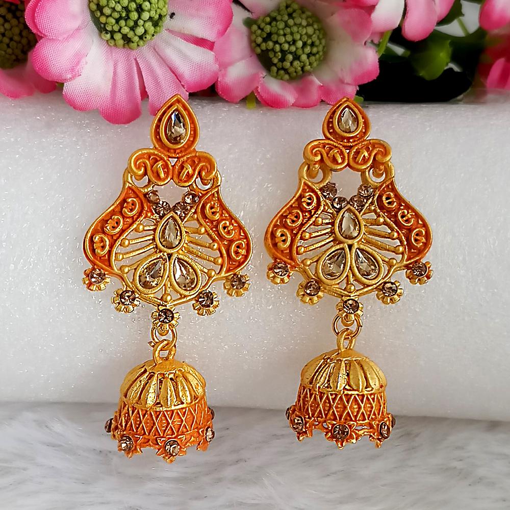 JewelMaze Orange Matte Meenakari Jhumki Earrings -1318066F
