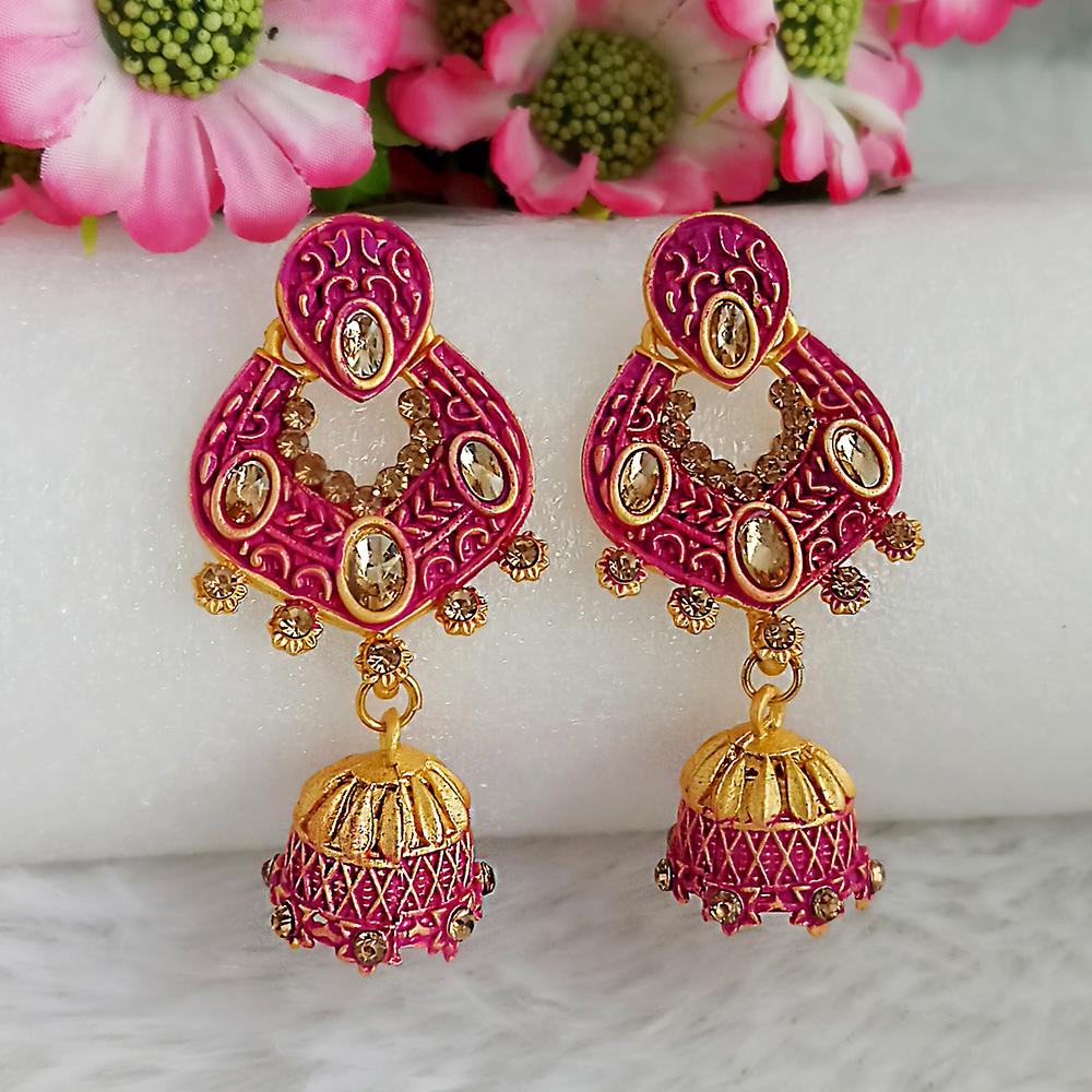 JewelMaze Pink Matte Meenakari Jhumki Earrings -1318067A