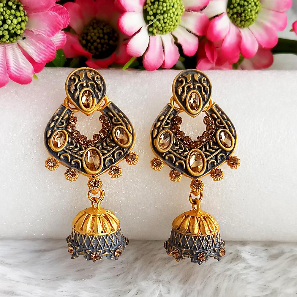 JewelMaze Grey Matte Meenakari Jhumki Earrings -1318067c