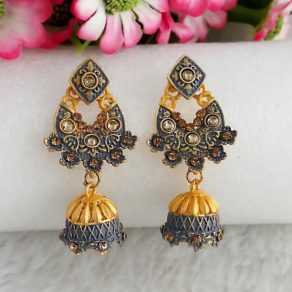 JewelMaze Grey Matte Meenakari Jhumki Earrings -1318068C