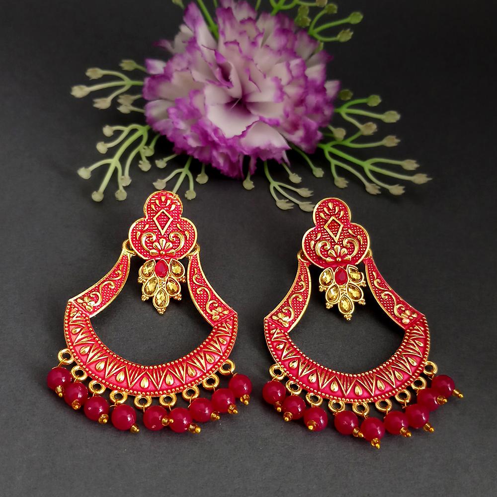 JewelMaze Pink Matte Meenakari Designer Dangler Earrings-1318071A