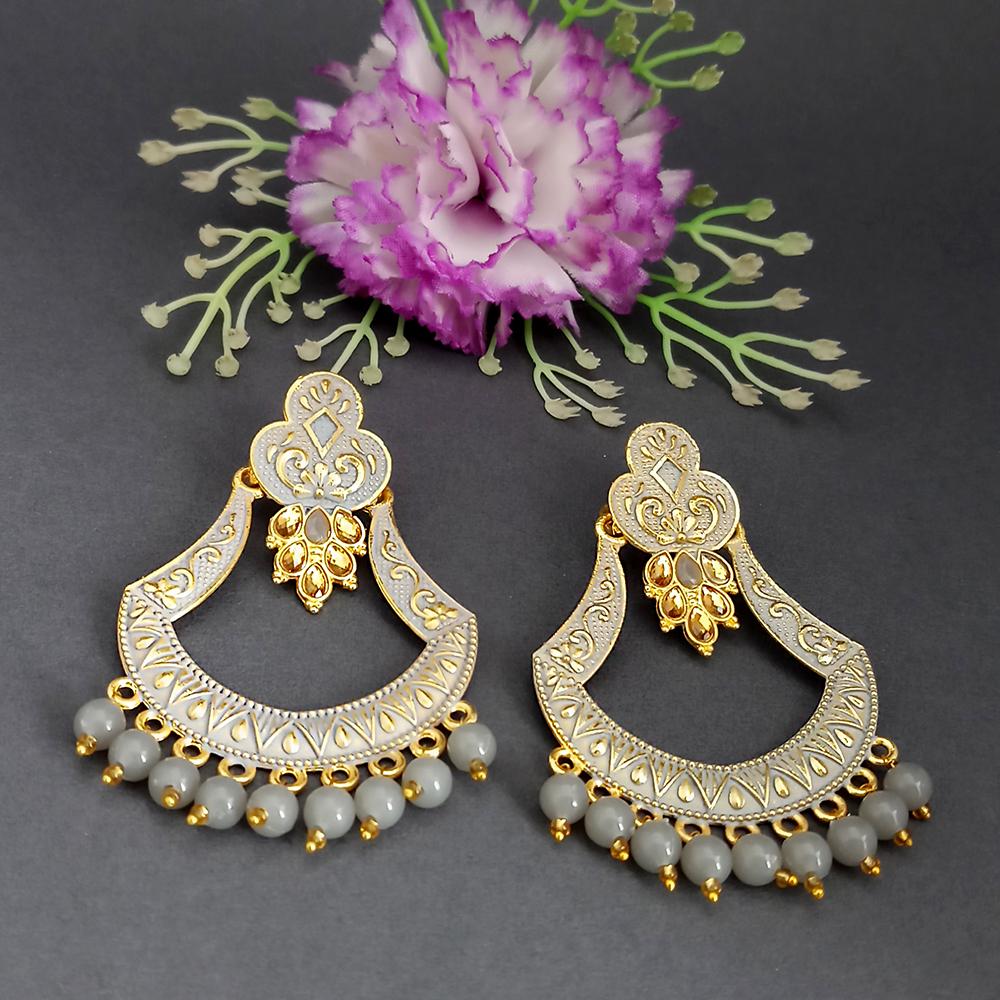 JewelMaze Grey Matte Meenakari Designer Dangler Earrings-1318071C
