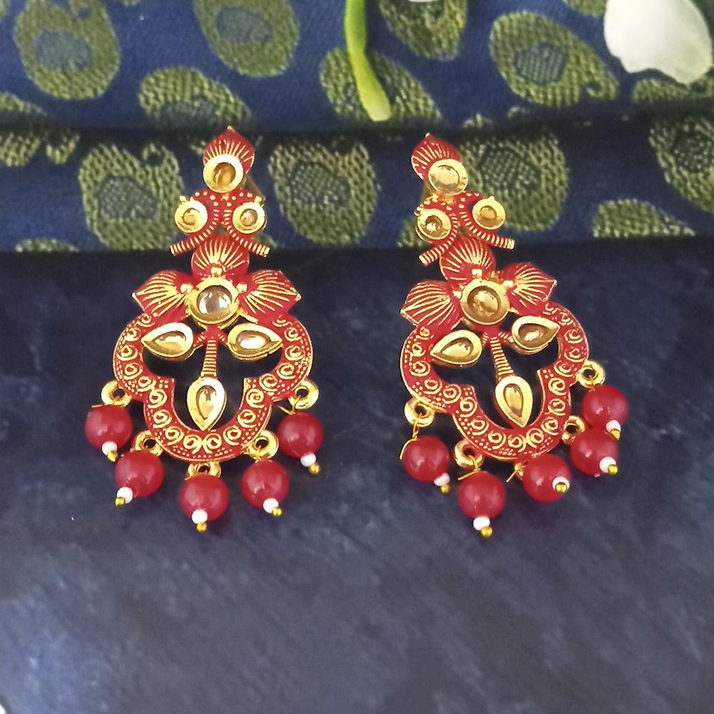JewelMaze Red Matte Meenakari Dangler Beads Drop Earrings - 1318093F