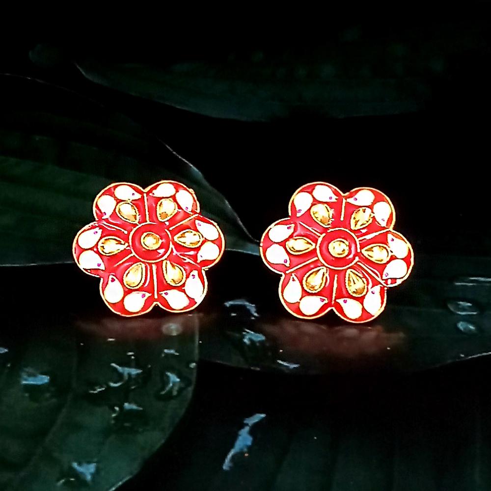 Kriaa Gold Plated Red Meenakari Stud Earrings - 1318908B