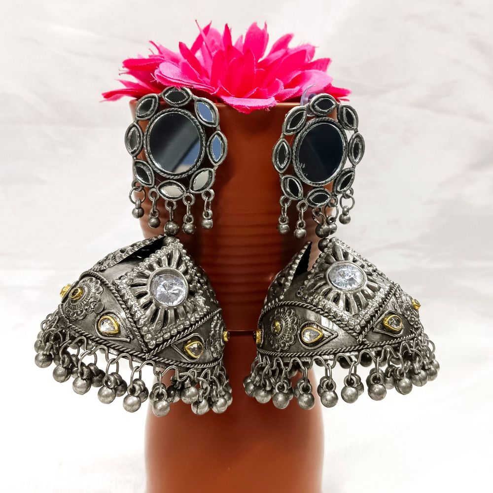 Fida Oxidised Silver Mirror Studded Floral Jhumka Earring For Women