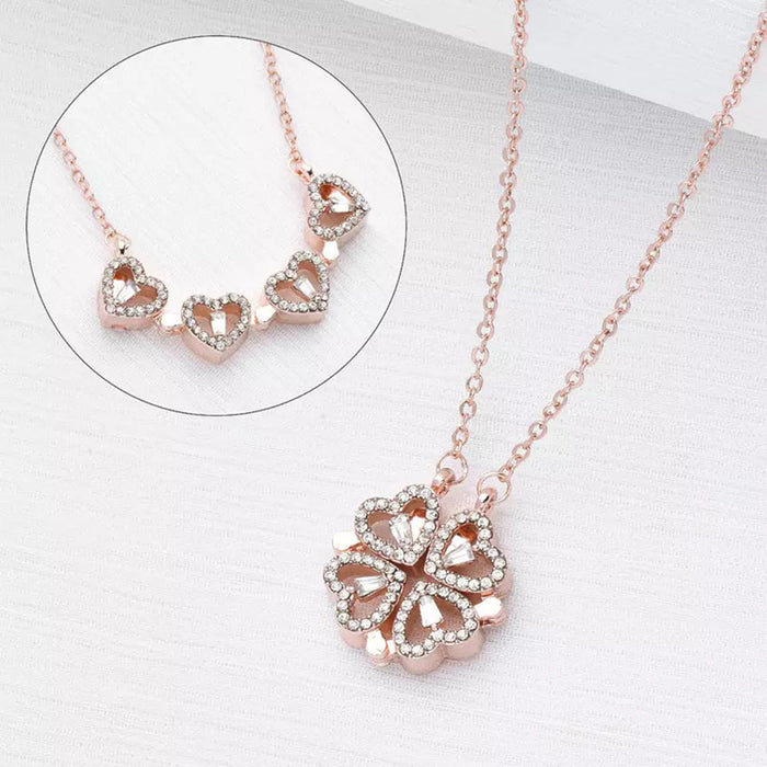 JewelMaze Hyacinth 4-pcs Zircon Heart Magnetic Clover Necklace - Rose Gold - Necklace