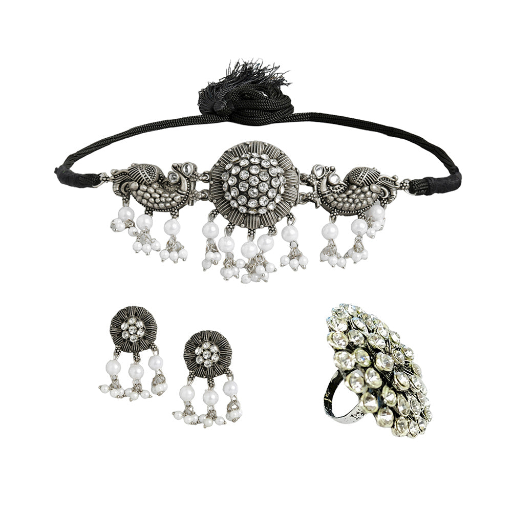 Kord Store Silver Oxidised Kundan Necklace set With Ring For Girls and Women