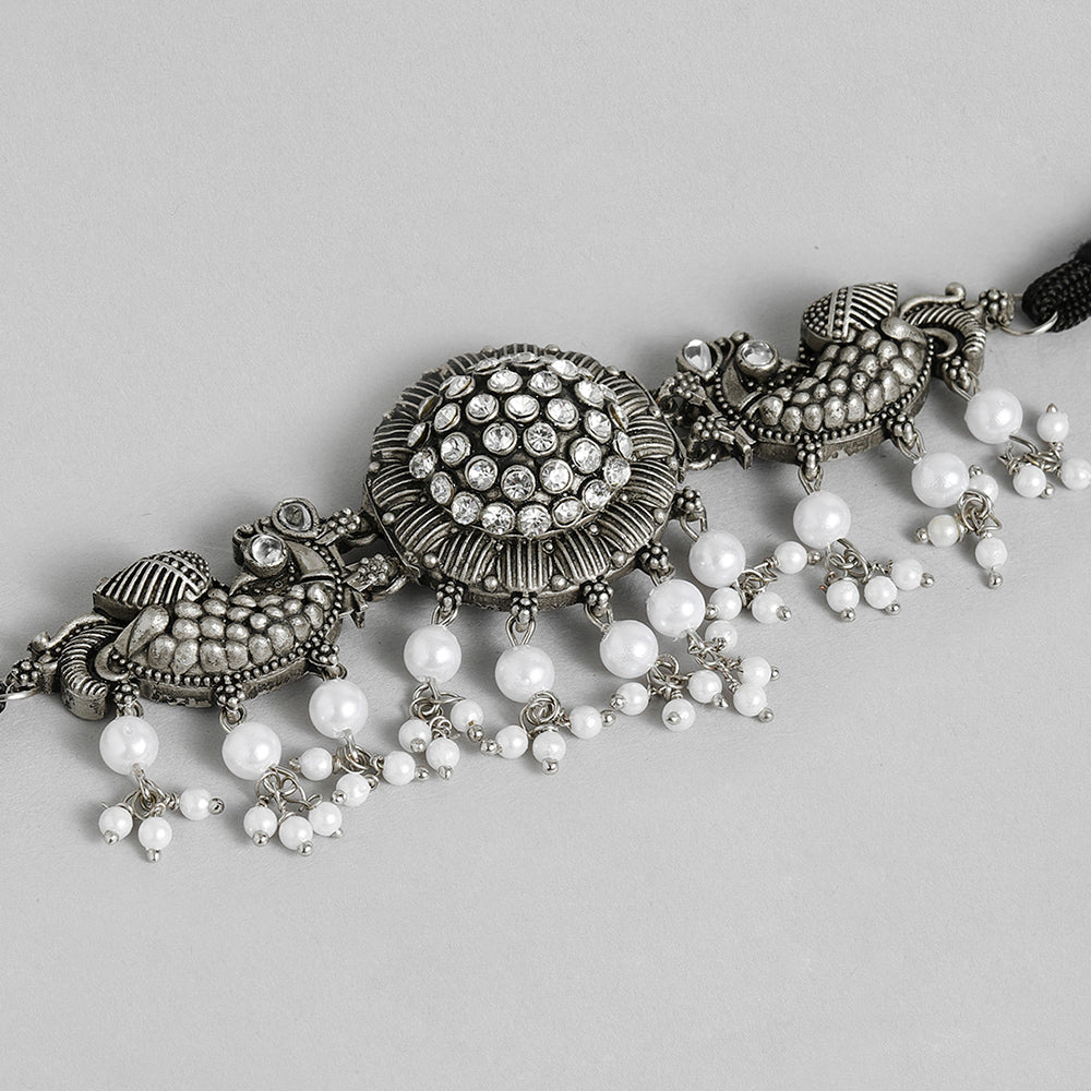 Kord Store Silver Oxidised Kundan Necklace set With Ring For Girls and Women