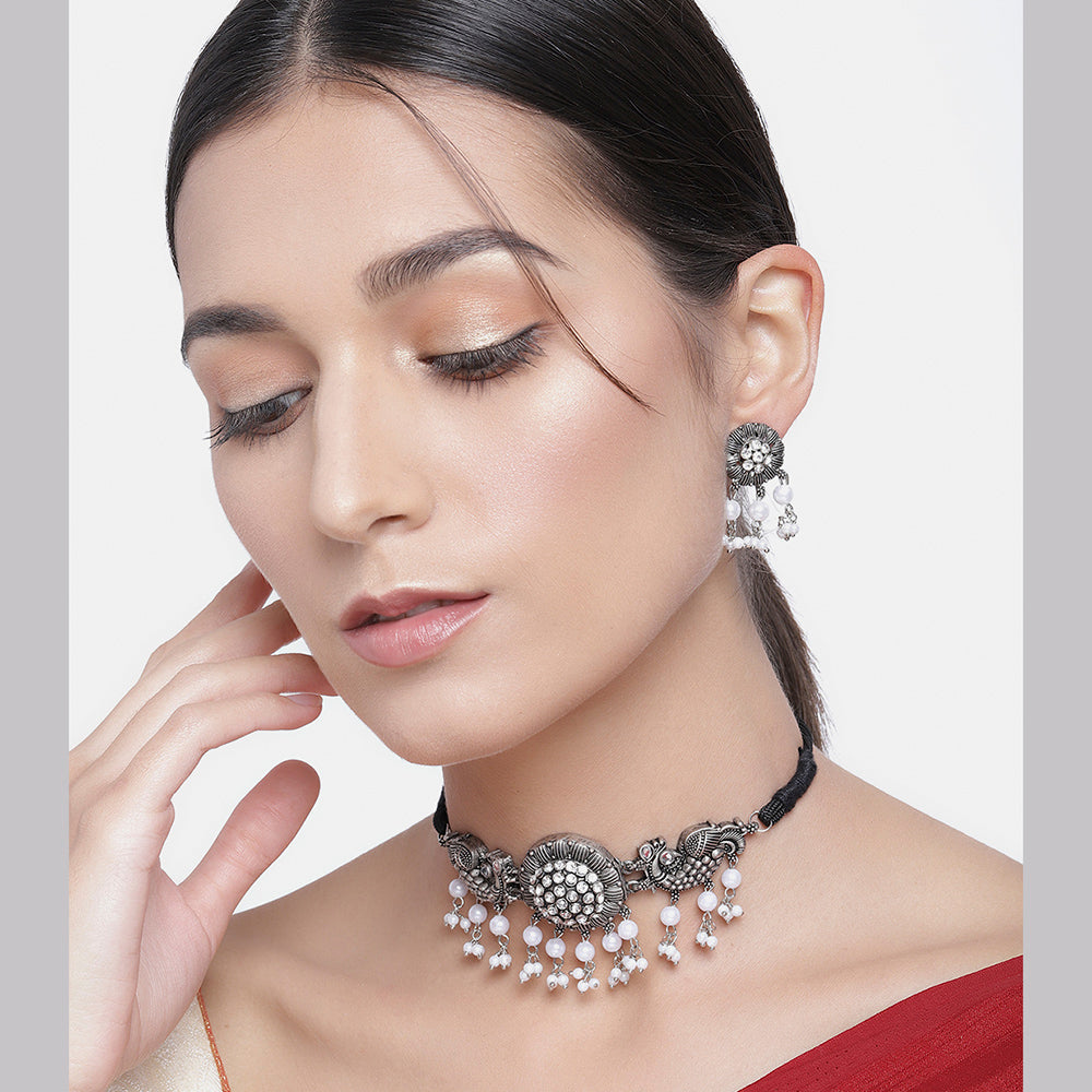 Kord Store Silver Oxidised Kundan Necklace set With Ring For Girls and Women