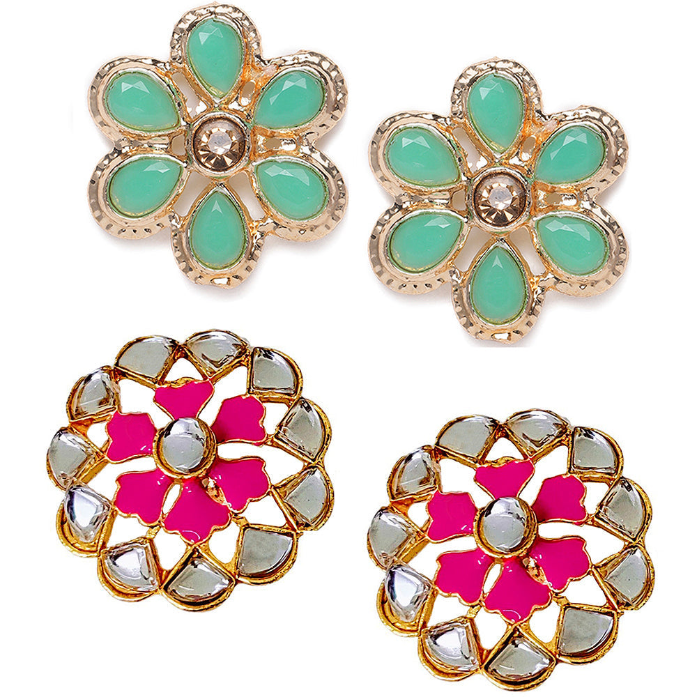 Kord Store Flower Shape Pink and Green color Stud Combo