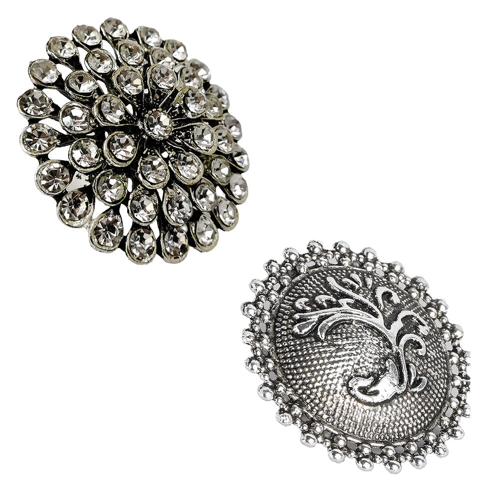 Kord Store Set of 2 Silver Oxidised White Diamond Ring Combo For Girls and Women