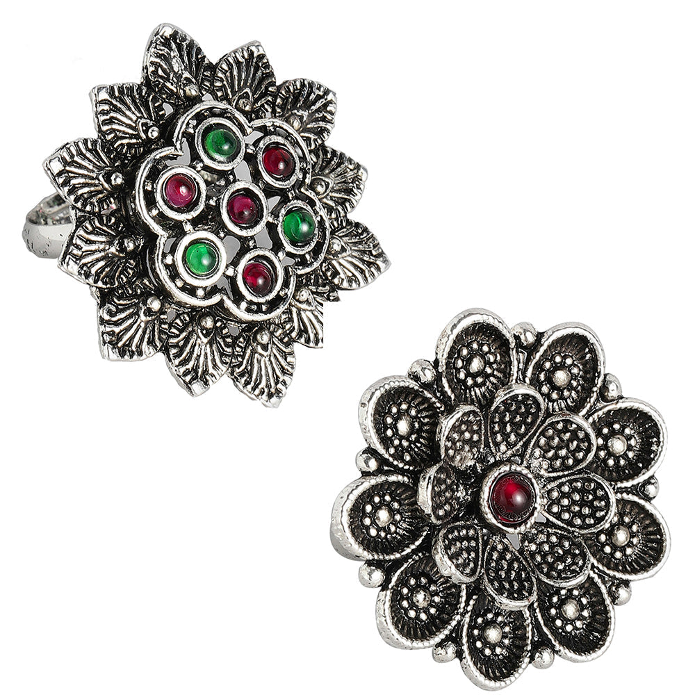 Kord Store Set of 2 Silver Oxidised Multicolor Beads Ring Combo For Girls and Women