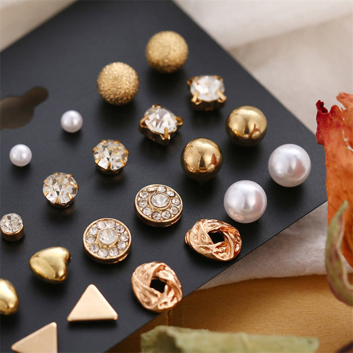 JewelMaze All Things Gold Diamond Triangle Heart Inlaid 12 Pairs Stud Earrings - Stud Earrings
