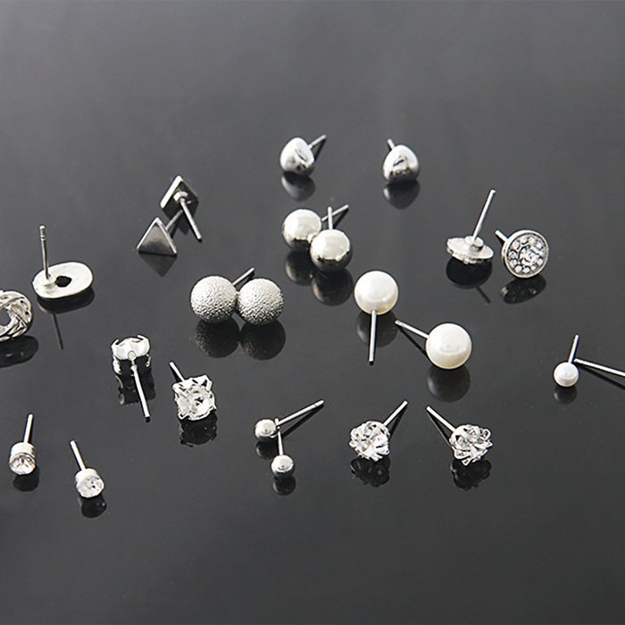 JewelMaze All Things Silver Diamond Triangle Heart Inlaid 12 Pairs Stud Earrings - Stud Earrings