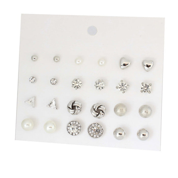 JewelMaze All Things Silver Diamond Triangle Heart Inlaid 12 Pairs Stud Earrings - Stud Earrings