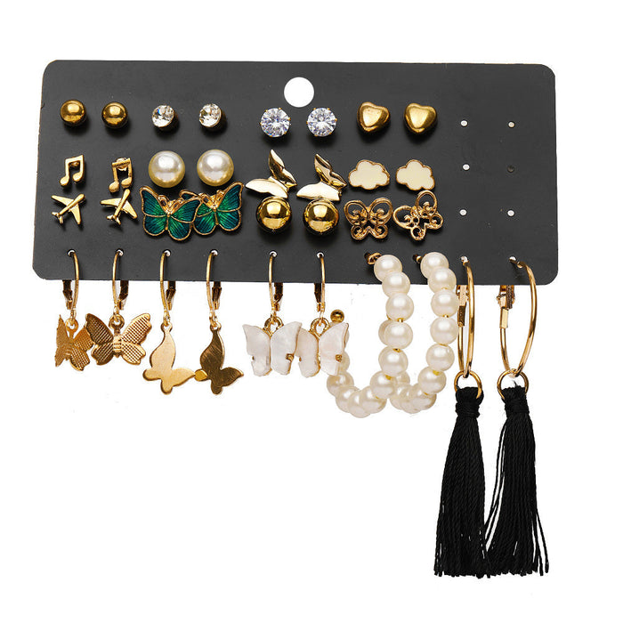 JewelMaze Set of 17 Bohemian Long Tassel Drop Statement Earrings and Studs - Stud Earrings