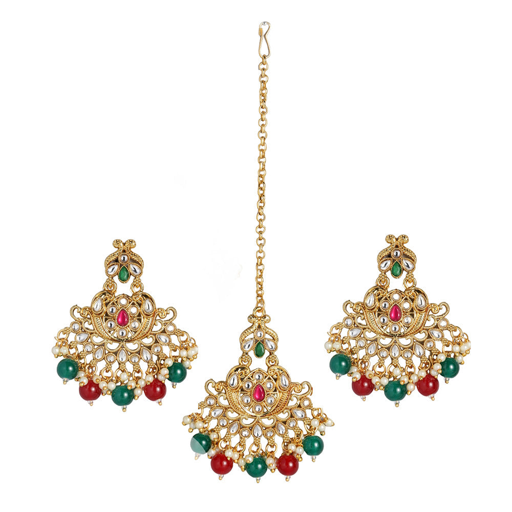 Kord Store Gold Traditional Kundan And Multi Color Pearl Studded Earrings Maang Tikka for Women Girls