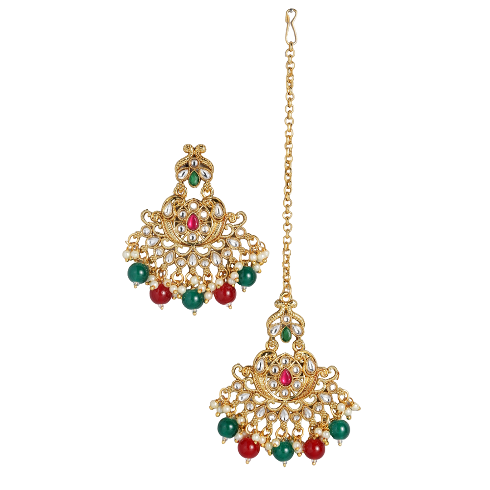 Kord Store Gold Traditional Kundan And Multi Color Pearl Studded Earrings Maang Tikka for Women Girls