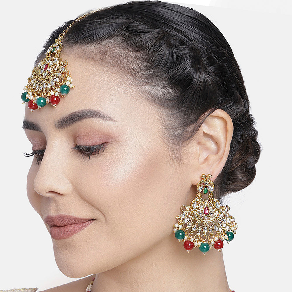 Kord Store Gold Traditional Kundan And Multi Color Pearl Studded Earrings Maang Tikka for Women Girls