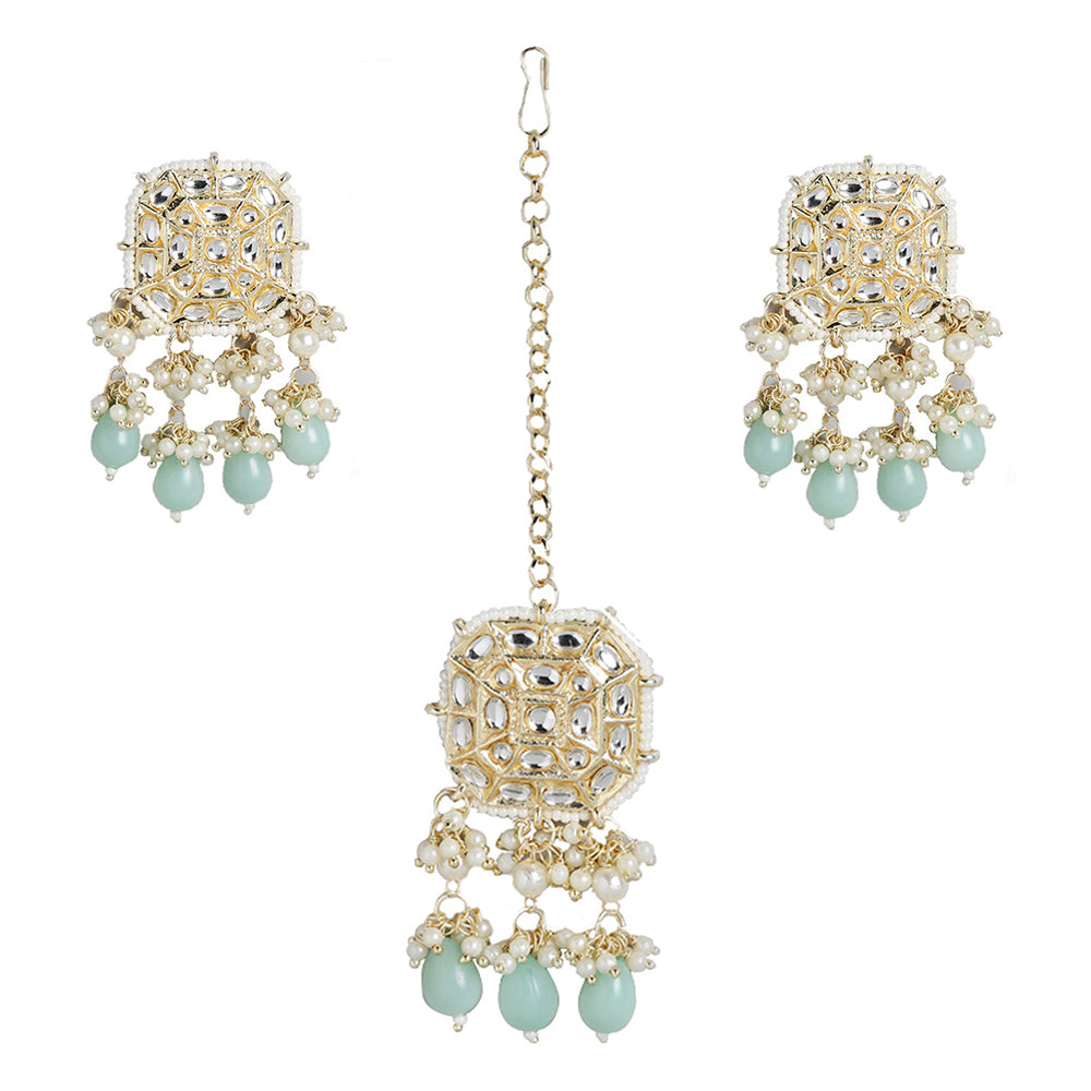 Kord Store 18K Gold Plated Traditional Handcrafted Earrings with Maang Tikka Encased Faux Kundan/Pearl for Women Girls