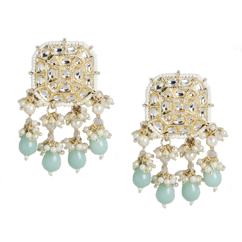 Kord Store 18K Gold Plated Traditional Handcrafted Earrings with Maang Tikka Encased Faux Kundan/Pearl for Women Girls