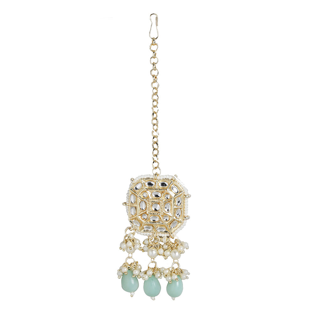 Kord Store 18K Gold Plated Traditional Handcrafted Earrings with Maang Tikka Encased Faux Kundan/Pearl for Women Girls