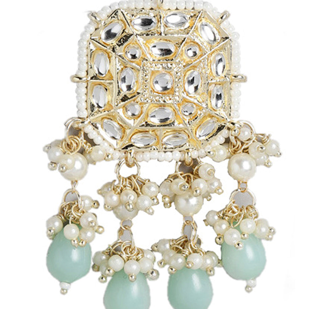 Kord Store 18K Gold Plated Traditional Handcrafted Earrings with Maang Tikka Encased Faux Kundan/Pearl for Women Girls