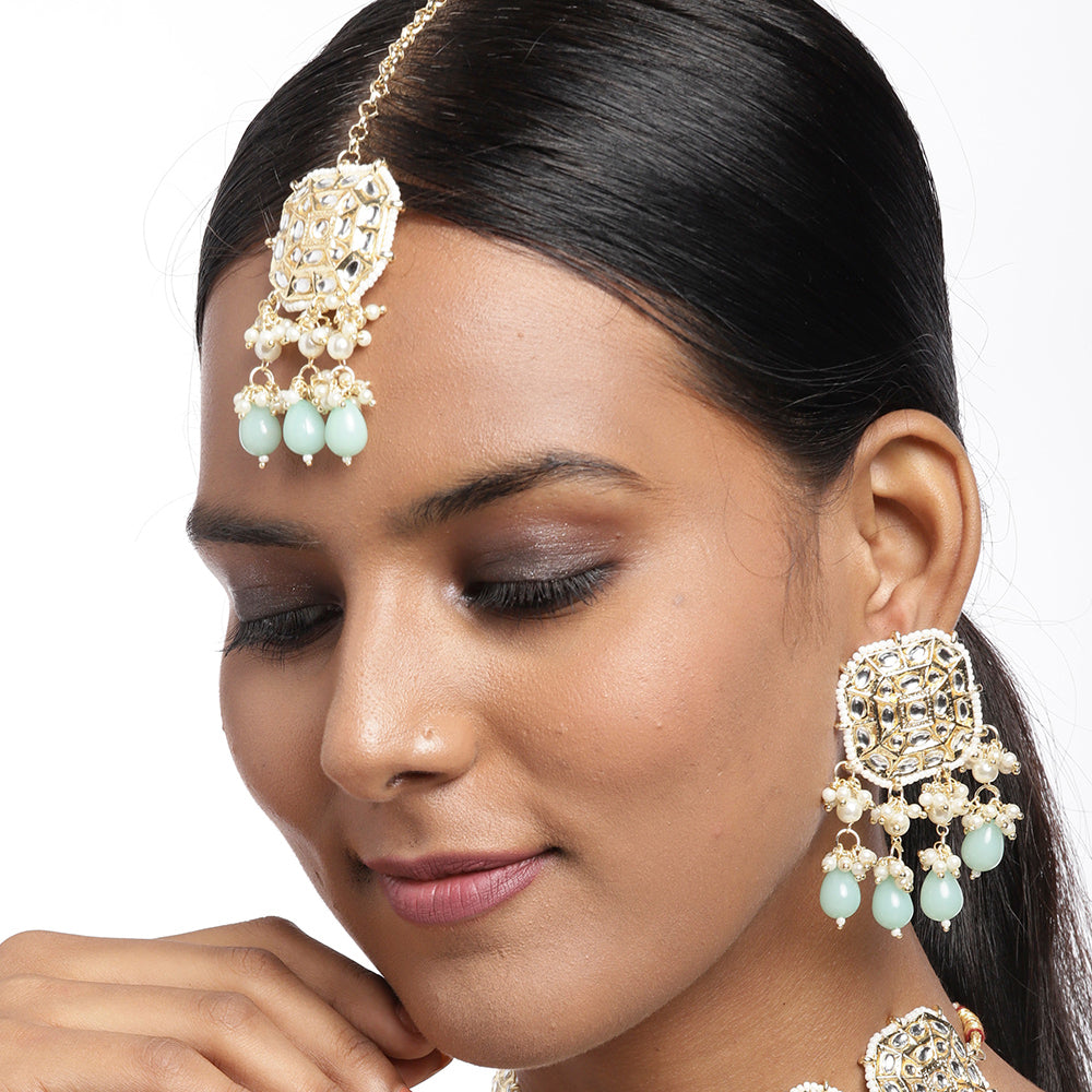 Kord Store 18K Gold Plated Traditional Handcrafted Earrings with Maang Tikka Encased Faux Kundan/Pearl for Women Girls