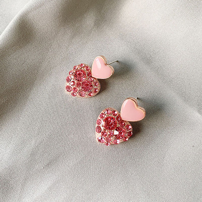 JewelMaze Pink Double Heart Studded Drop In Trend Studs - Drops & Danglers