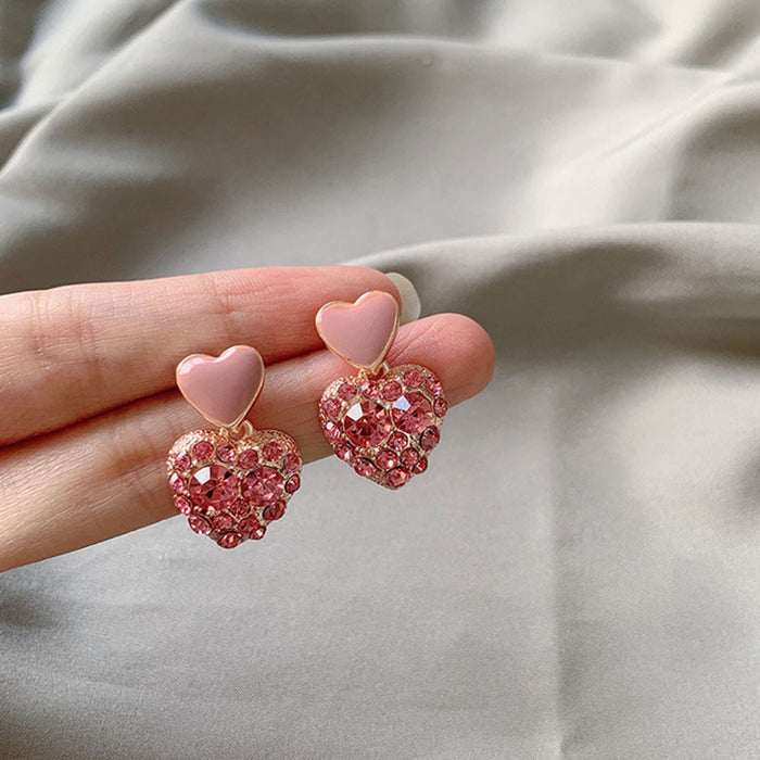 JewelMaze Pink Double Heart Studded Drop In Trend Studs - Drops & Danglers
