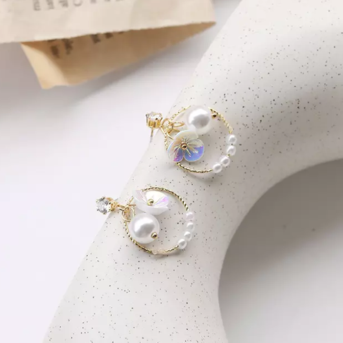 JewelMaze Wreath Hoop Flower Pearl Earrings - Drop Earrings