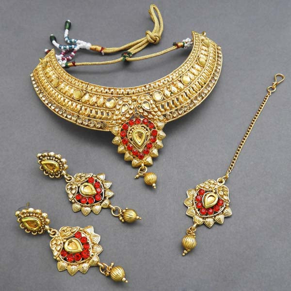 Bajrang Red AD Stone Necklace Set With Maang Tikka