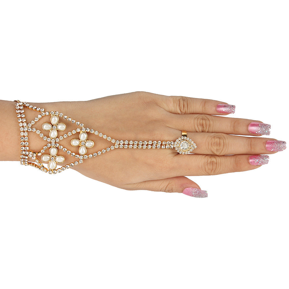 Kord Store Designer Paan & Flower Shape Ad Stone Gold Plated Hathphool For Women  - KSBRC40022
