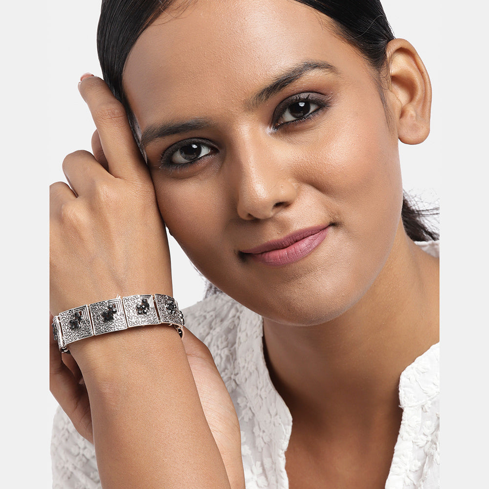 Kord Store Excellent Silver Oxidised Plated Black Stone Free Size  Bracelet For Girls and Women  - KSBRC40030