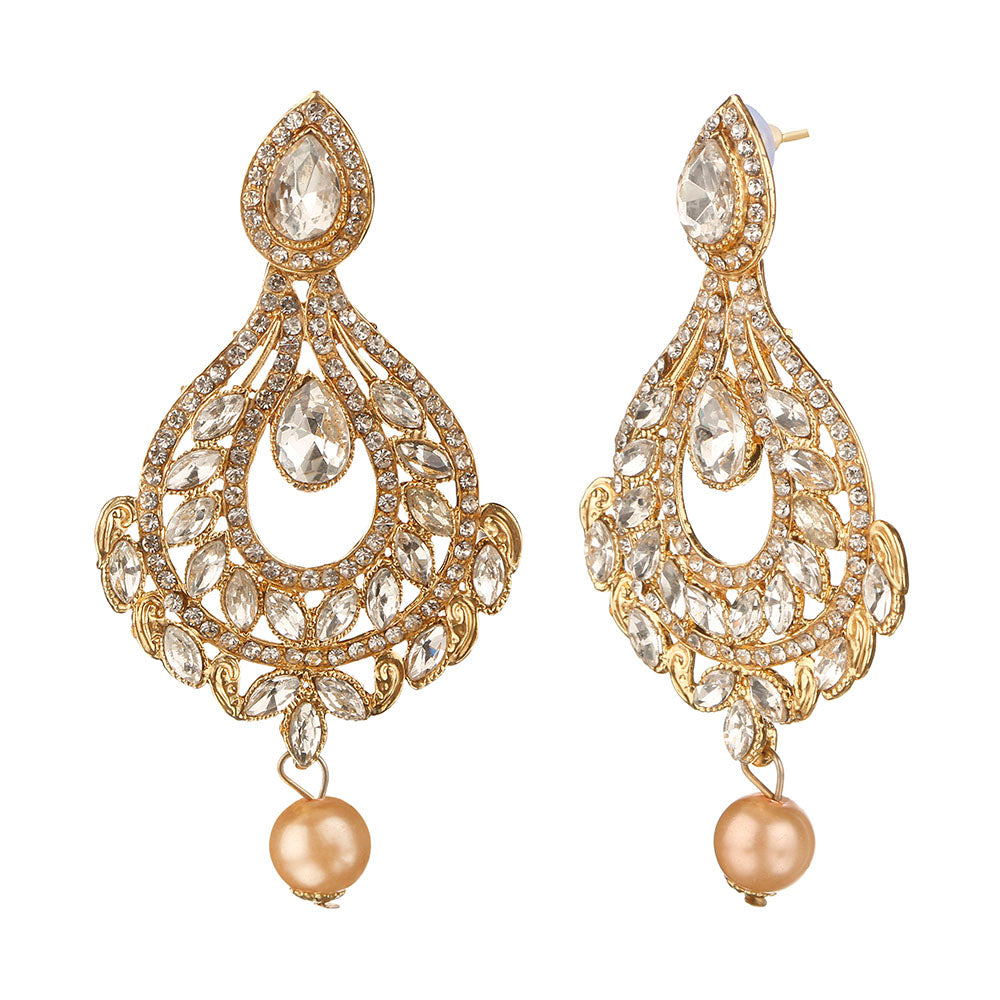 Kord Store Admirable Paan Shape & Flower White Stone Gold Plated Dangle Earring For Women  - KSEAR70030