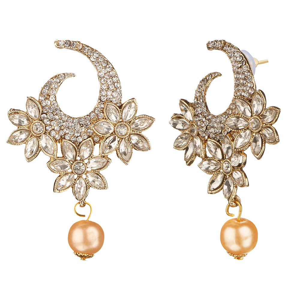 Kord Store Amazing Flower & Latkan Pearl White Stone Gold Plated Dangle Earring For Women  - KSEAR70031