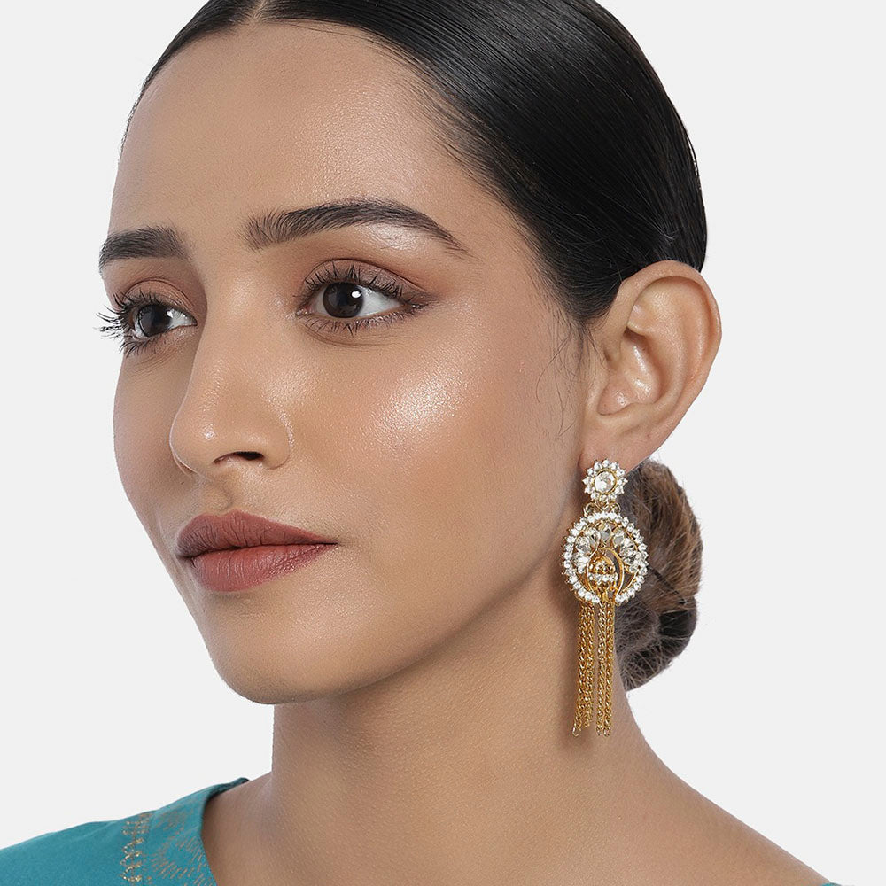 Kord Store Appealing 4 String Chain White Stone Gold Plated Dangle Earring For Women  - KSEAR70032