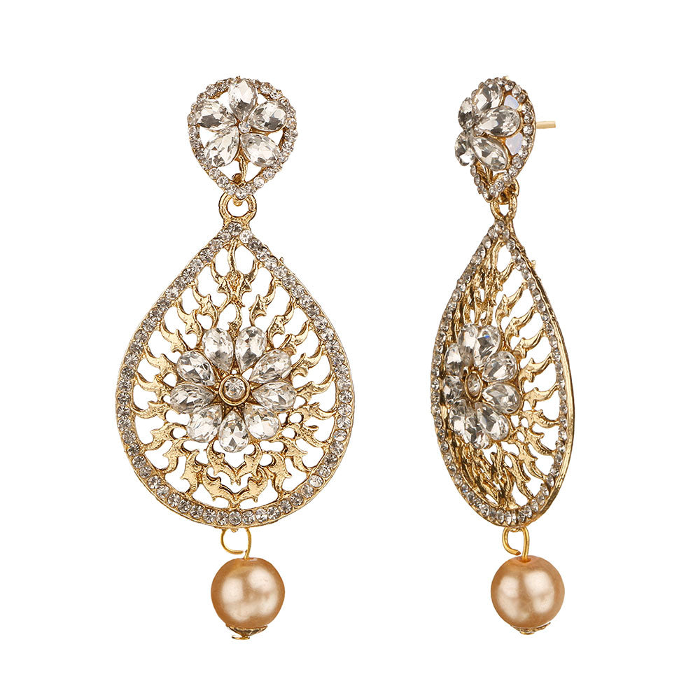 Kord Store Astonish Filigree Work & Flower White Stone Gold Plated Dangle Earring For Women  - KSEAR70033